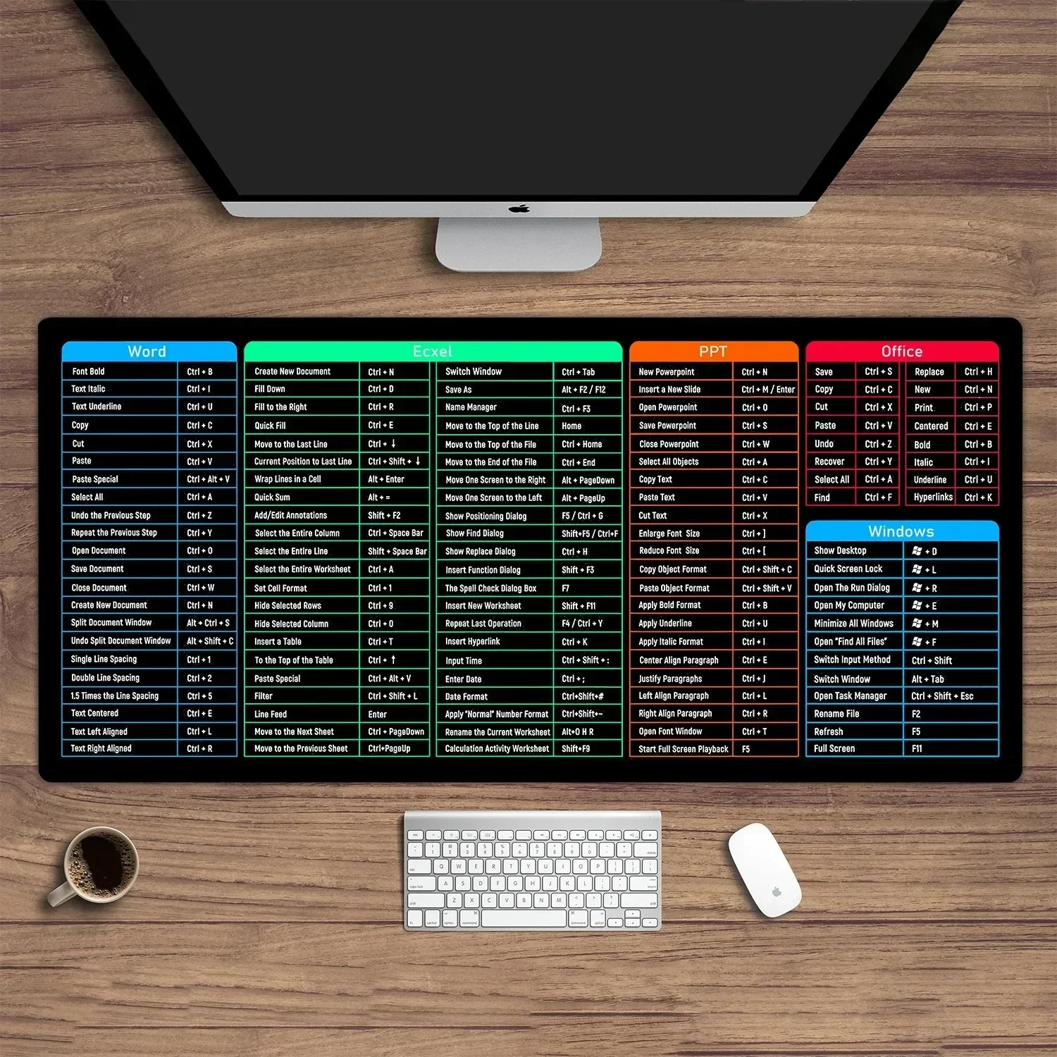 PC Klavye Kısayolları Masaüstü Mouse Pad'i Windows ve Excel Ofis Mouse Pad'i Büyük Boy 100X50 Mousepad Dikişli Kaymaz Bilgisayar Mousepad'i