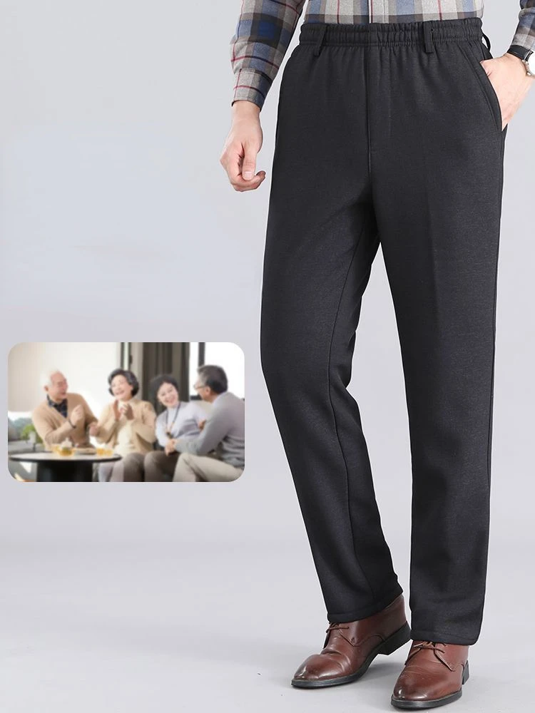 

Autumn Winter Pants Men Thicken Fleece Lined Warm Elastic Waist Outdoor Sweatpants Fashion Slim Fit Suit Trousers Male Q103