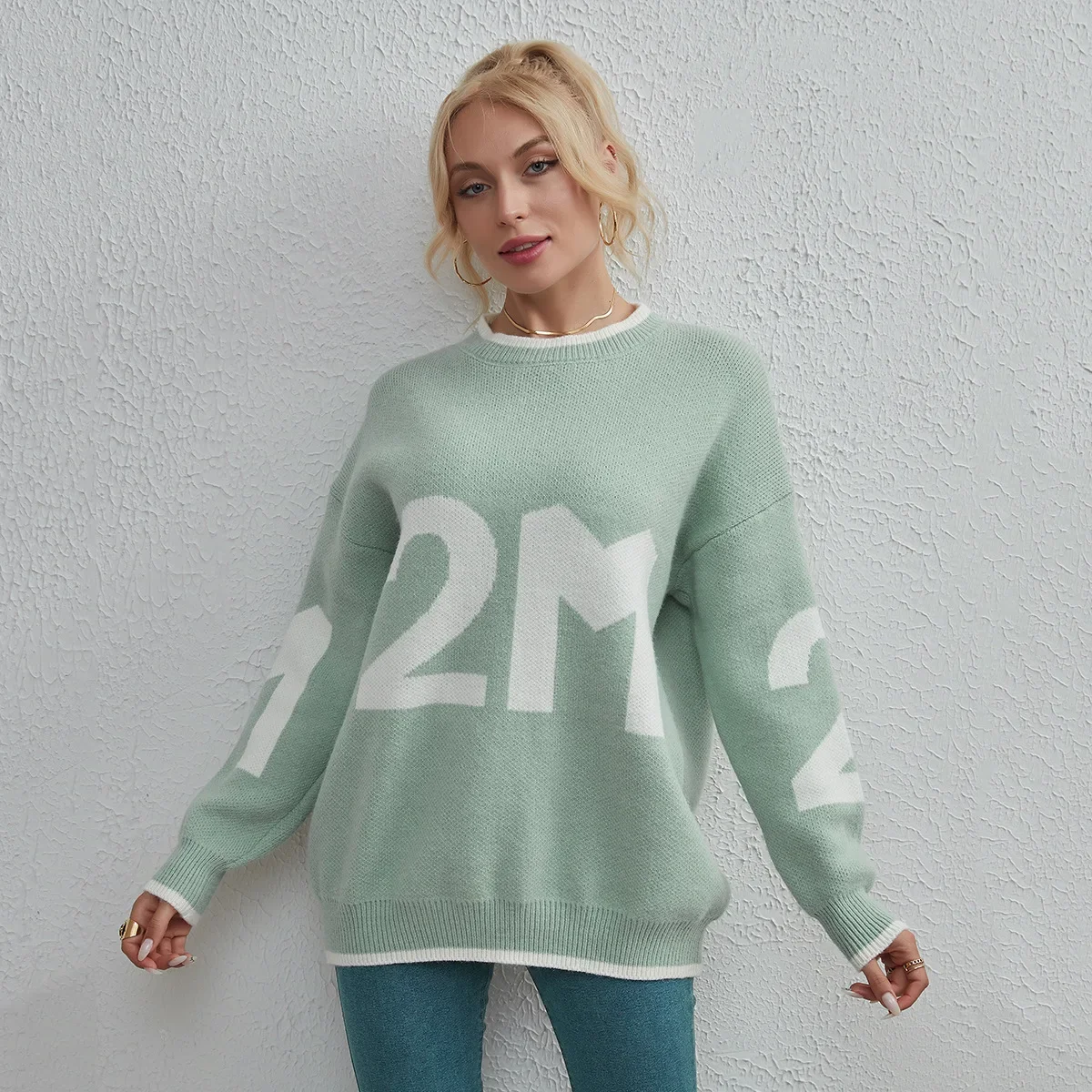 

Women's Green Letter Warm Knitted Long Sleeve Pullover Sweater Winter Thickened Loose Oversized Jumper Original Stay Y2K Clothes