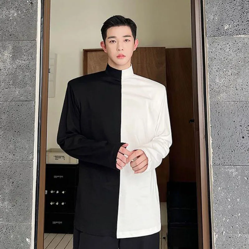 

Осенняя индивидуализированная черно-белая простроченная рубашка с длинным рукавом мужская маленькая рубашка с высоким воротником и невидимой застежкой-молнией