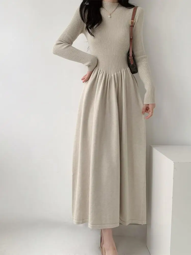 Autunno inverno solido sottile vestito lavorato a maglia donna moda coreana maglione manica lunga vestito femminile elegante pieghe abiti lunghi francesi 1