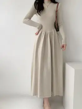 Autunno inverno solido sottile vestito lavorato a maglia donna moda coreana maglione manica lunga vestito femminile elegante pieghe abiti lunghi francesi 1
