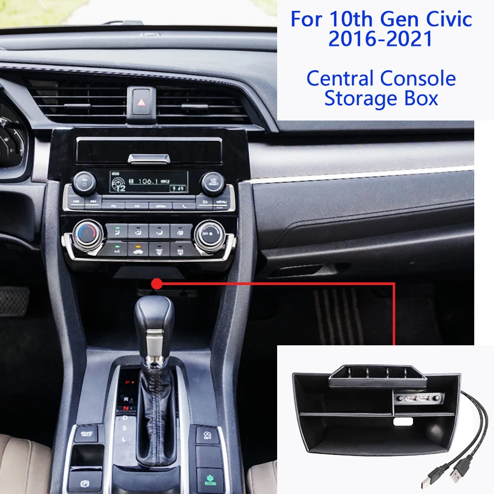 Фото Контейнер для хранения центральной консоли для Honda Civic Sedan 10 поколения 2016 2017 2018-2021, лотки для монет, органайзер для карт, автомобильные аксессуары №1