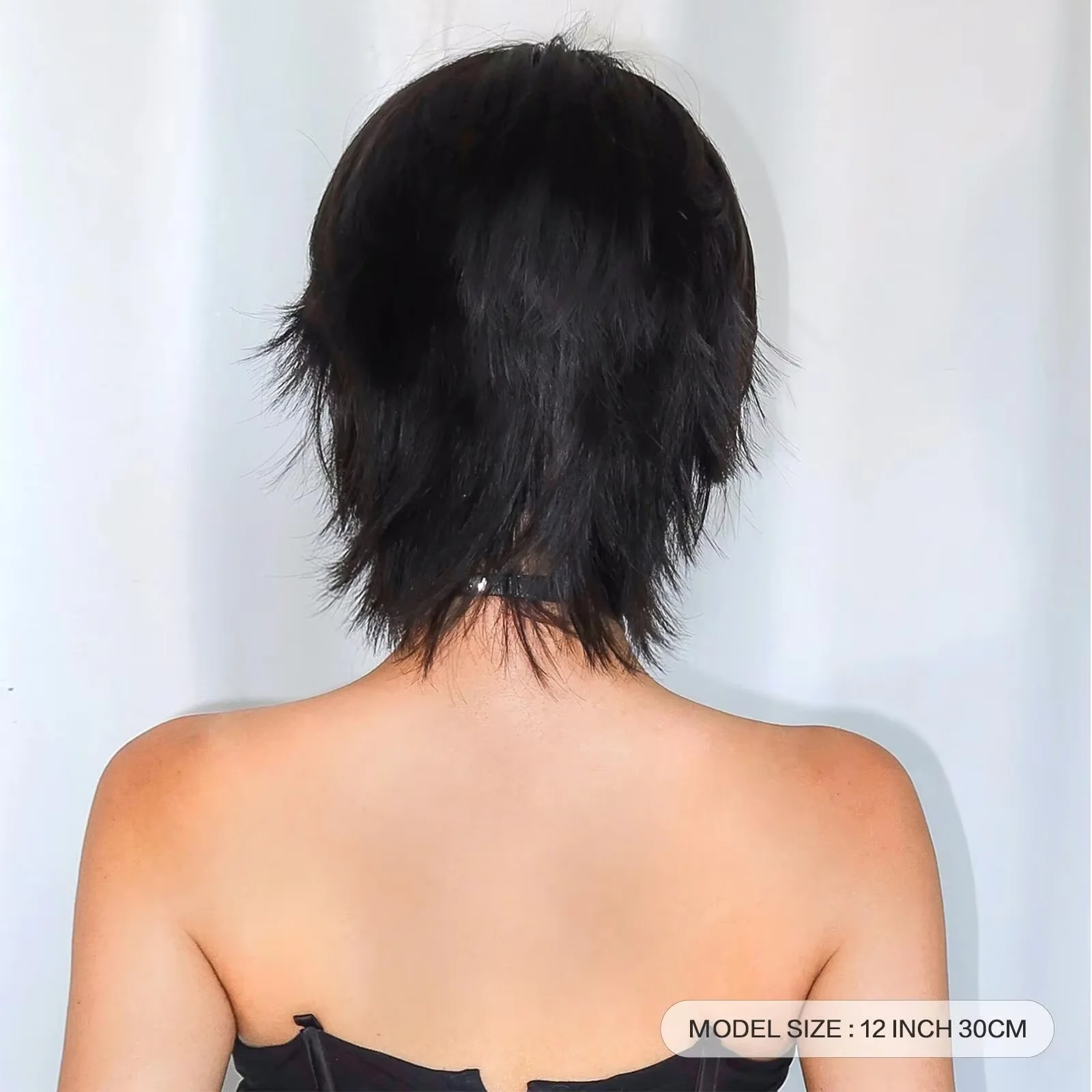 12 inch short salmon head wig with bangs, women's short straight black synthetic wig, party elf cut short wig