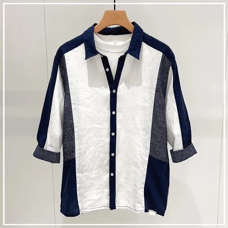 2024 Summer Korean Version Fashionable and Minimalist Lapel Contrasting Color Loose Casual Oversize Mid Sleeved Shirt for Men 3 2cm needle buckle nylon waistband korean version minimalist men and women s classic multi color high quality jeans slim cinto