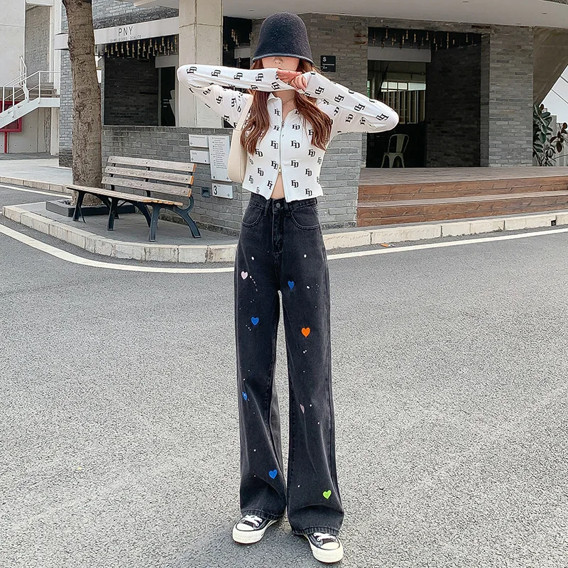 2022 Summer E Girl Fashion Harajuku Heart Print Casual Y2k Jeans Pants Black Women Straight High Waist Denim Long Trousers Lady