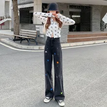 

2022 Summer E Girl Fashion Harajuku Heart Print Casual Y2k Jeans Pants Black Women Straight High Waist Denim Long Trousers Lady