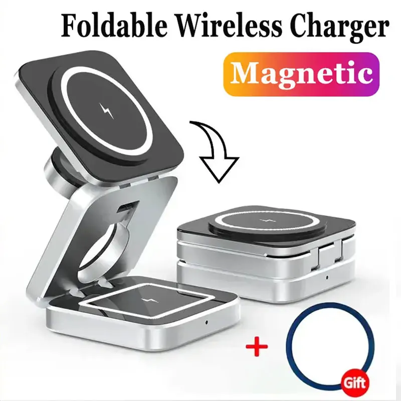 Magnetic Wireless Charger 3 in 1 Stand Pad For iPhone 15 14 13 12 Pro Max IWatch 8 7 6 5 Airprods Macsafe Fast Charging Station