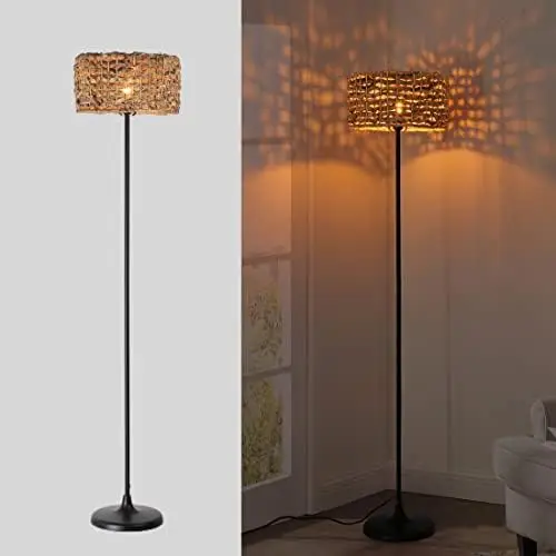 

Farmhouse Floor Lamp for Living room, Bedroom and Office, Original Handmade Water Lettuce Rattan Shade Tall Standing Light Black