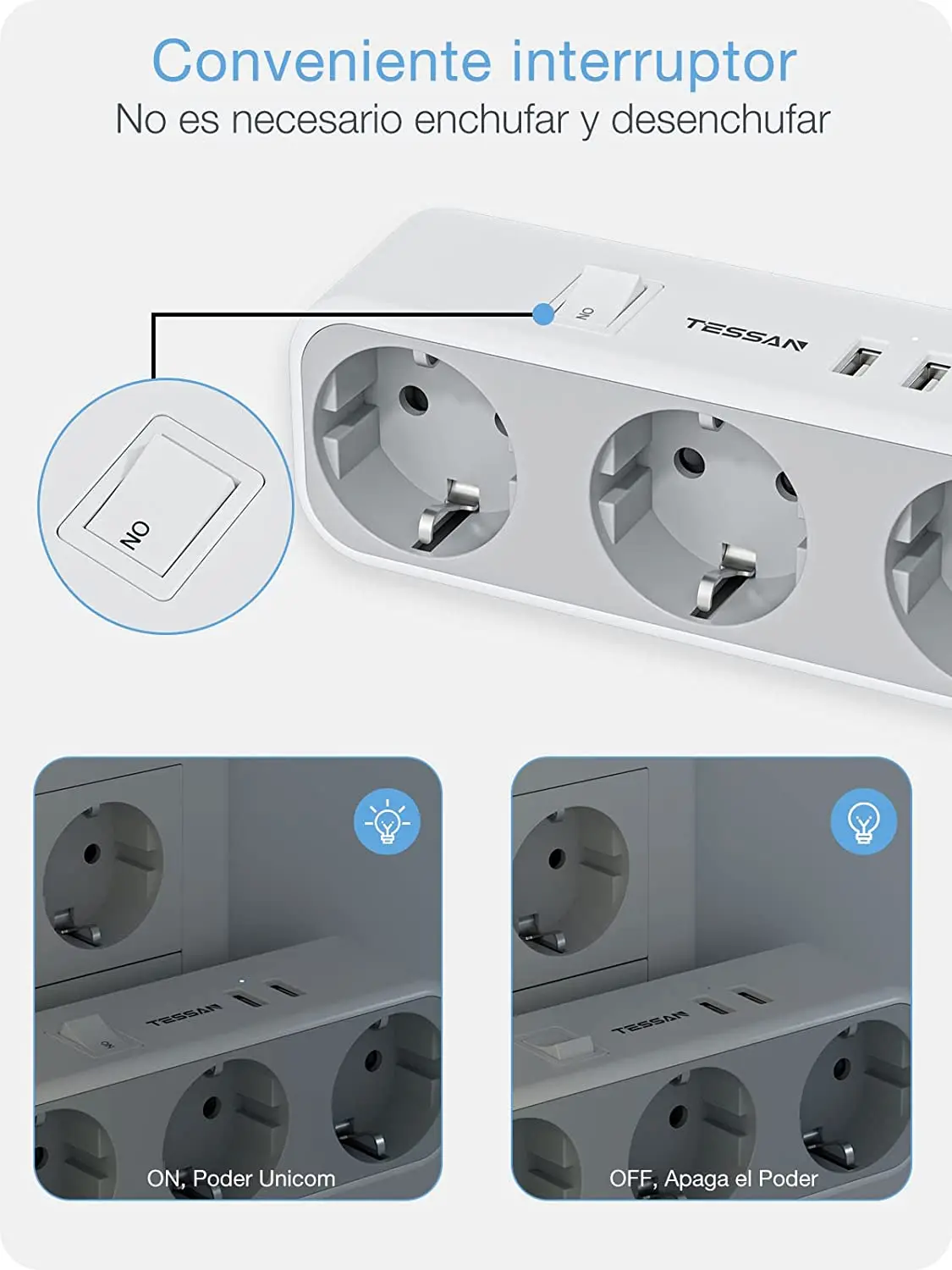 TESSAN EU KR Plug Power Strip Power Strip Plug Outlet Extender Power Extension Plug Extension Sockets Power Socket with AC Outlets & USB Ports (5V/2.4A), EU Wall Socket Extender for Smartphone, Laptop