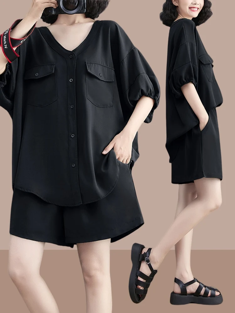 

2024 Summer New Women's Fashion Suits Female V-neck Pockets Coats and High Waist Wide Leg Shorts Ladies Two Piece Sets Z22