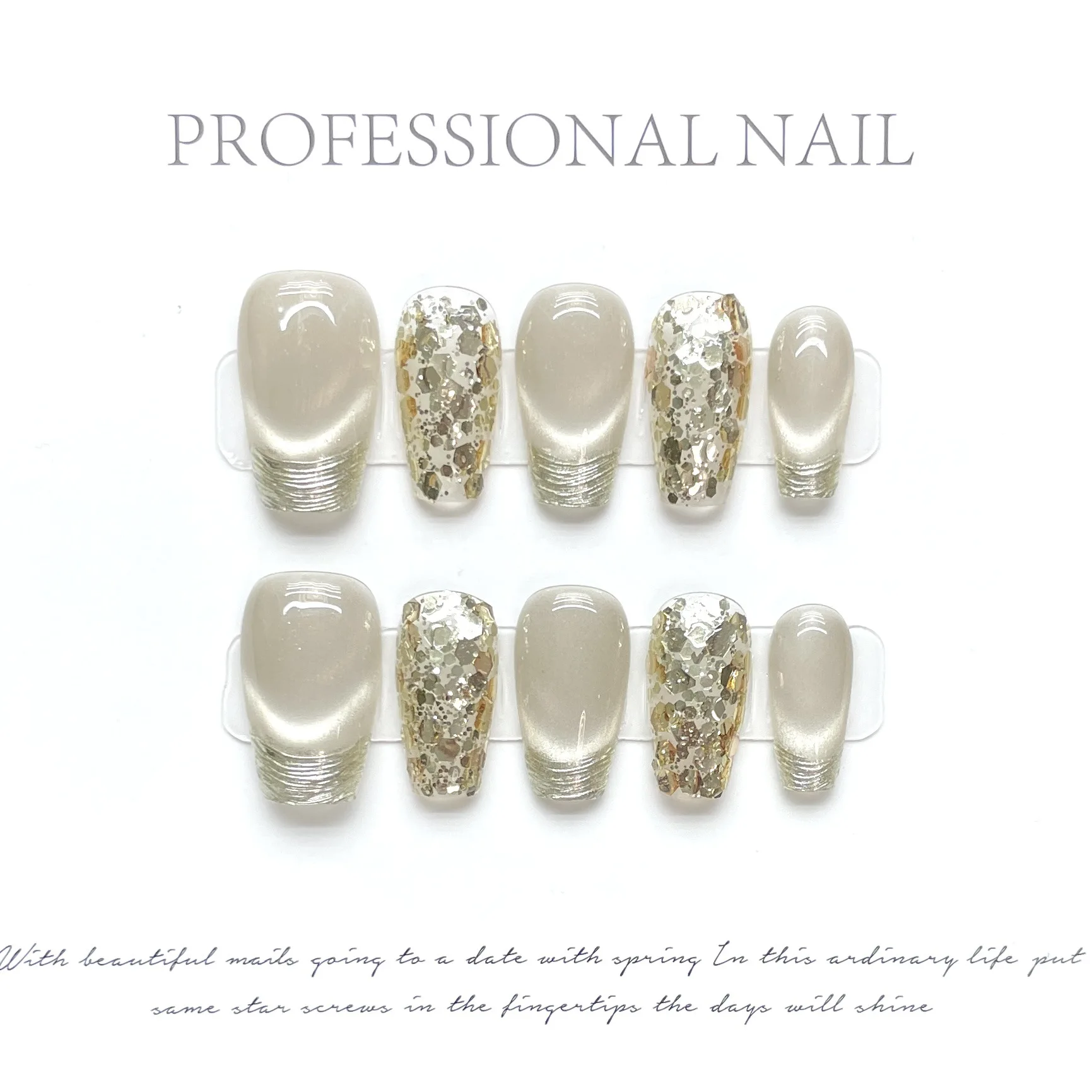 

Shiny Sequins Handmade Nails Press on Full Cover Manicuree Cat's Eye Elegance False Nails Wearable Artificial With Tool Kit