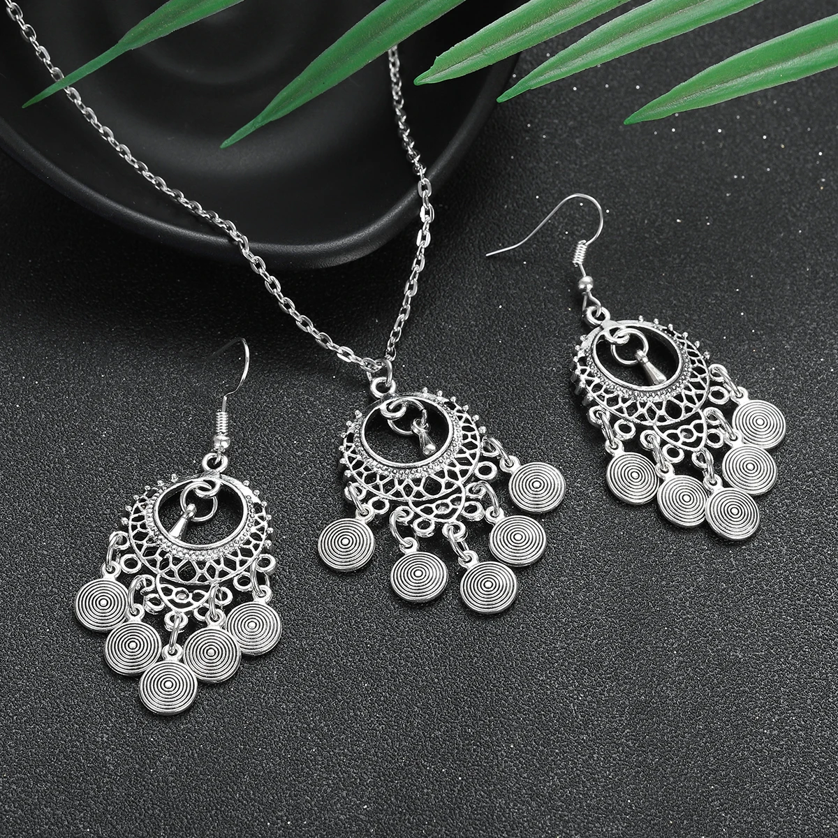 Étnico prata cor redonda borla colar brincos conjunto feminino oco geométrico pingente brincos conjuntos vintage indiano jóias novo