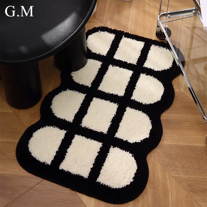 

Nordic Grids Tufting Bathmat Soft Rug Bathroom Absorbent Non-slip Mat Toilet Pad Black White Bedside Floor Mat Entrance Doormat