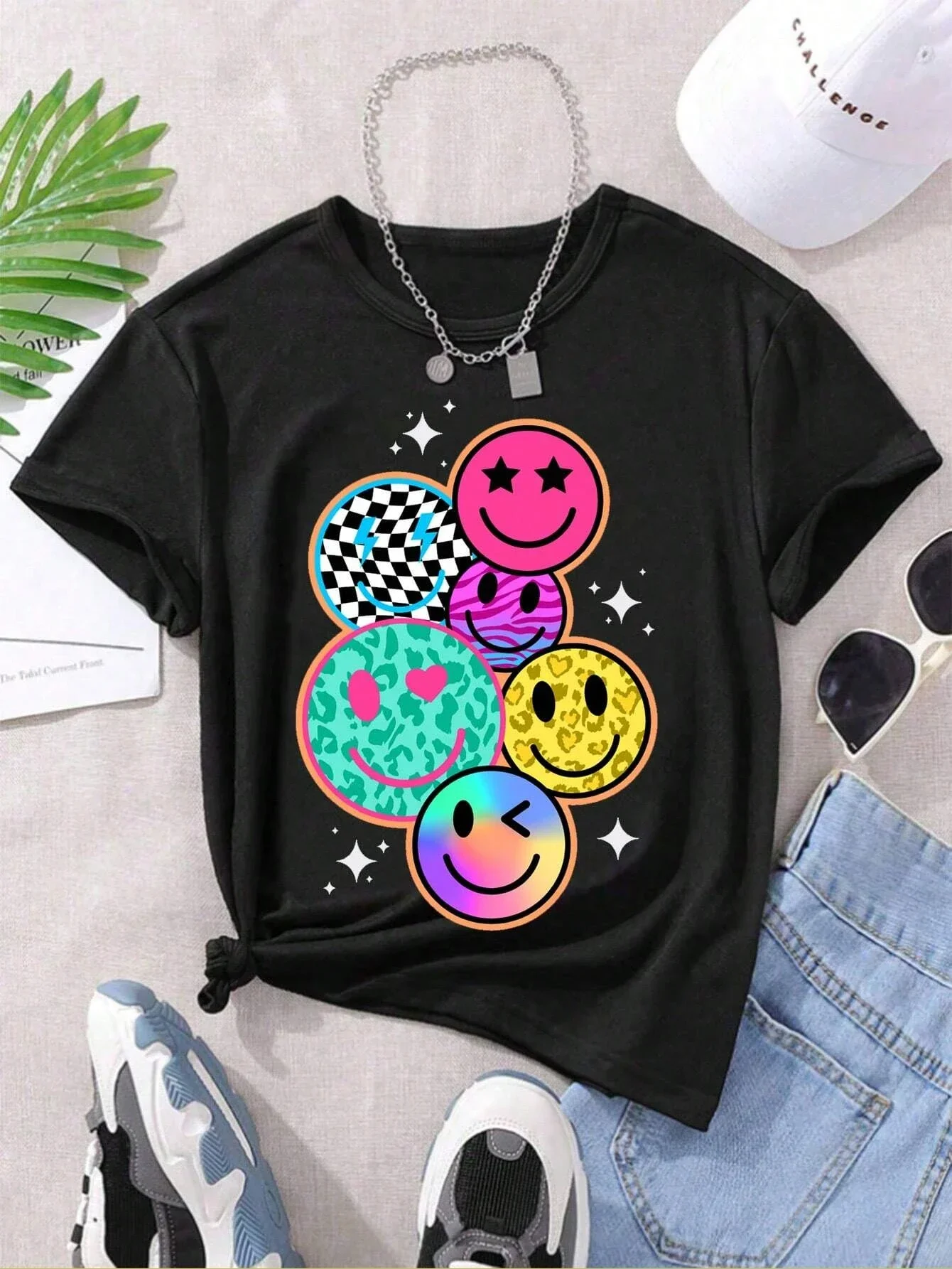 Cartoon Smiley Face Print Short-sleeved Women T-shirt Casual Versatile Style Suitable for  Outings and Daily Wear Women Clothing