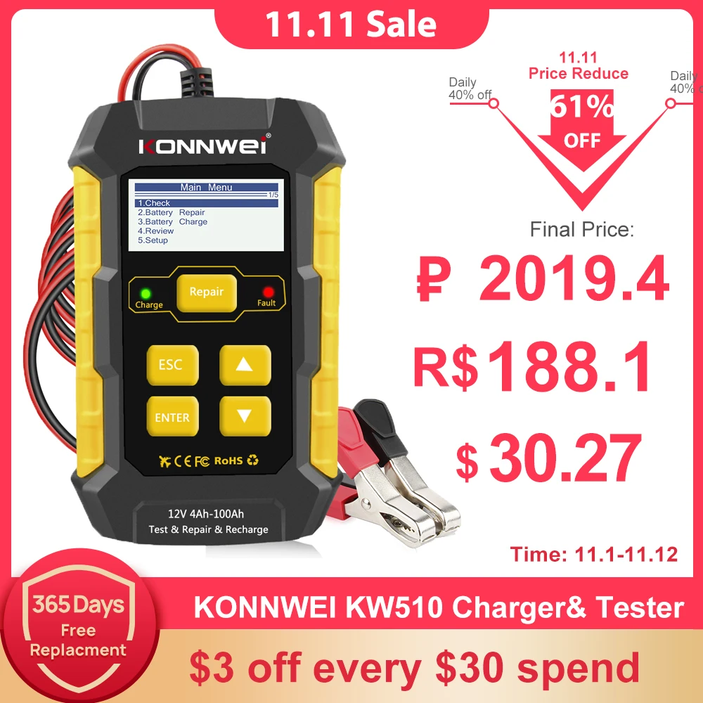12v Car Battery Tester Konnwei Kw510 Pulse Battery Repair Tools Car