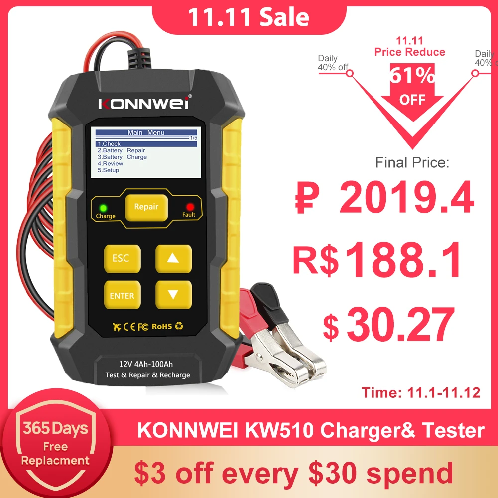KW510 Car Battery Charger Tester Fully Automatic Charger Automotive Pulse Repair Maintainer 5a Lead Acid Repair Tool Easy To Use