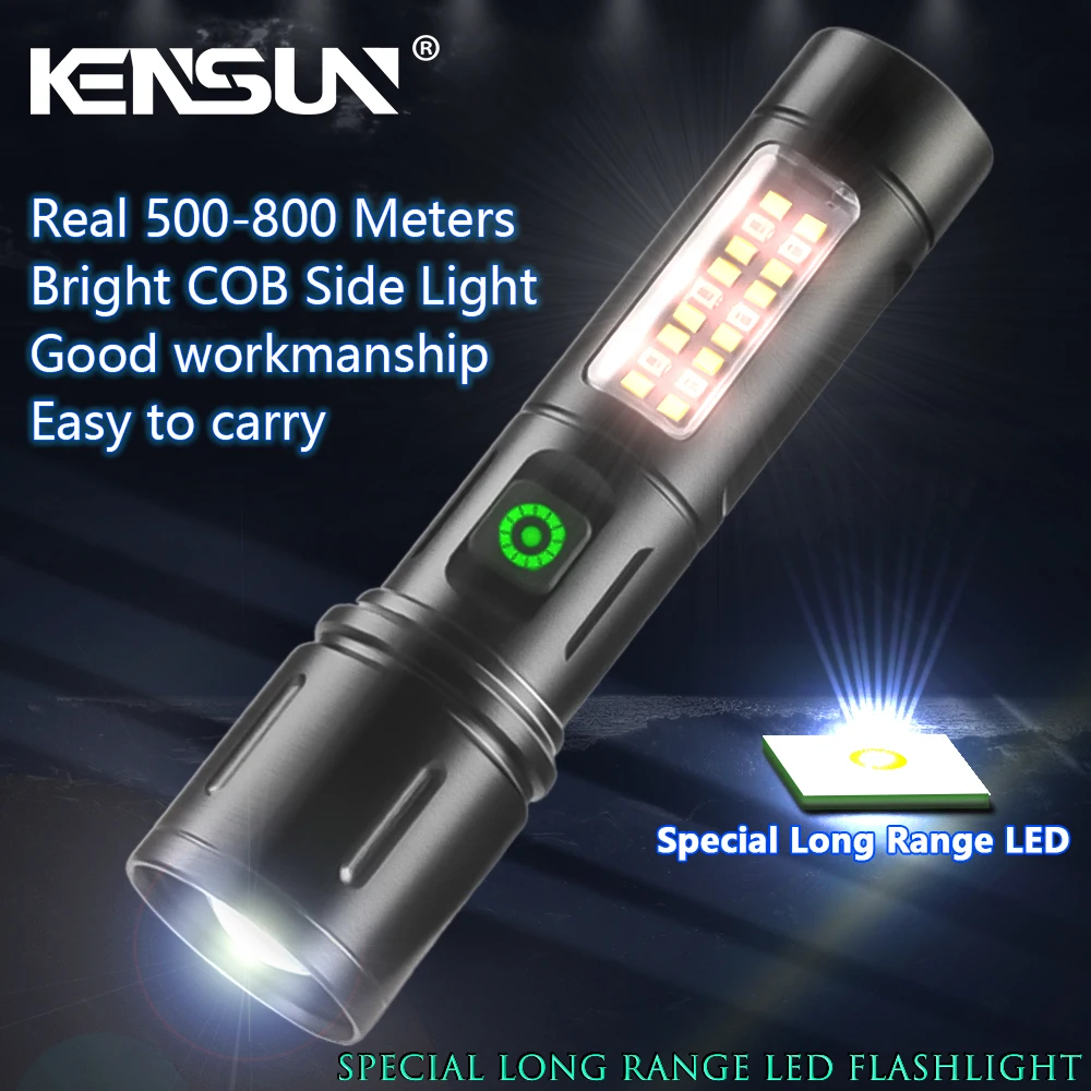 High Power Spotlight long LED Flashlight With COB Side Light Aluminum Alloy Type-C Zoomable Ultra Bright Emergency Torch