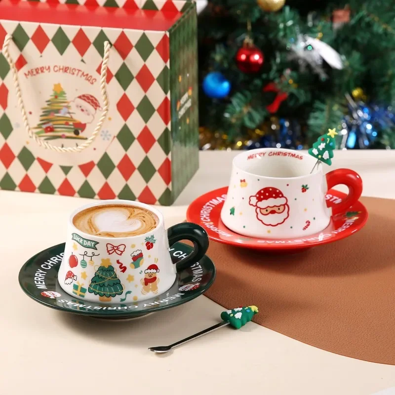 New Christmas Ceramic Coffee Cup and Dish Set, Household Ceramic Water Cup, Makeup Cup, Gift Box, Christmas Gift lijiao
