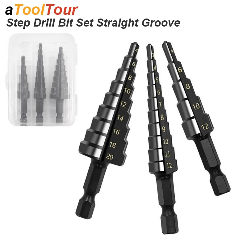 3-12MM HSS Step Drill Bit Set Nitrogen Coated Straight Groove High Speed Steel Stepped Up Cone Conical Hex Shank Hole Cutter