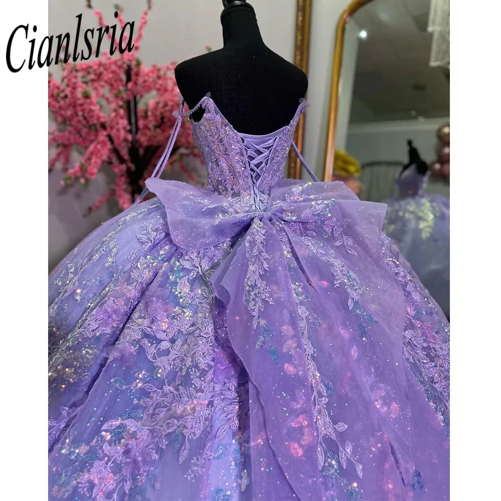 Lilac Sequined Appliques Lace Bow Ball Gown Quinceanera Dress Spaghetti Strap 3D Flowers Corset Vestidos De 15 Años