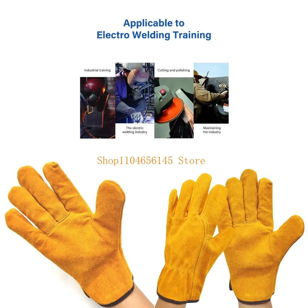 Gants de soudage résistants à la chaleur, en cuir de vache jaune, posés sur un établi.