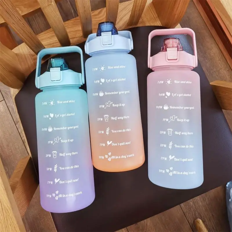 

2L Large Capacity Water Bottle Outdoor Sport With Bounce Cover Time Scale Reminder Frosted Creative Portable Plastic Water Cup