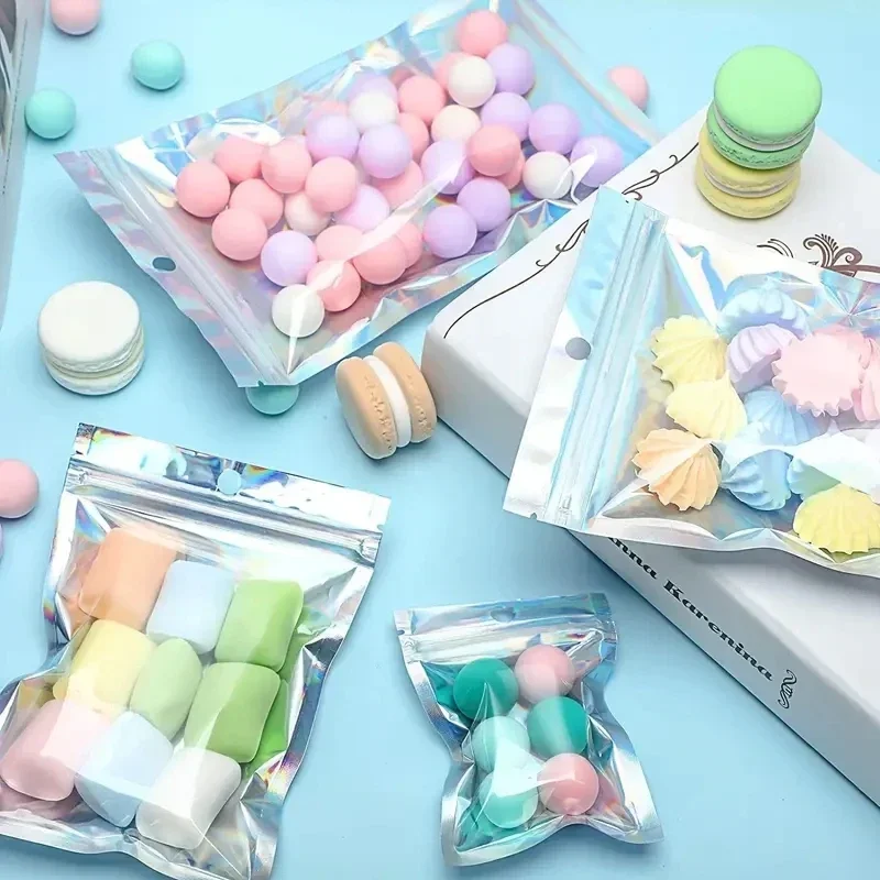 100pcs Holographic Storage Bag Resealable Zipper Candy Tea Jewelry Beauty Storage