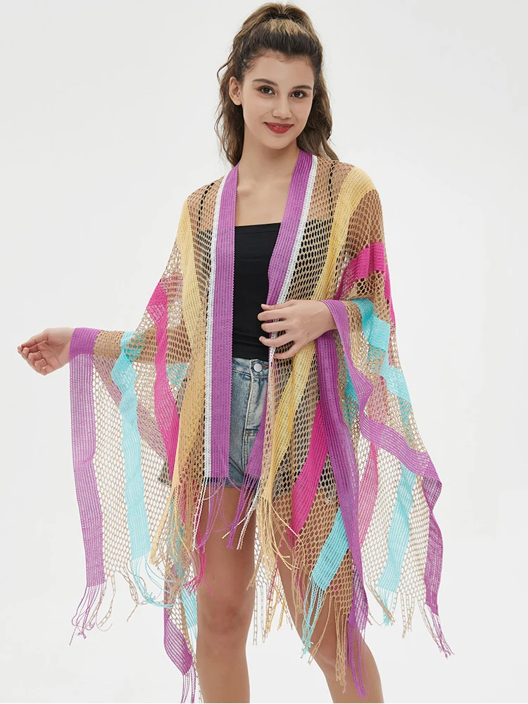 

Новый элегантный вязаный летний женский шарф, шикарная накидка на бикини с ажурными кисточками, пончо, женский шарф, саронг, Пляжная шаль