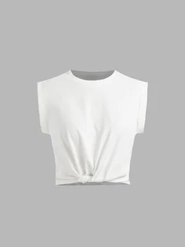 Casual Twist Knot Front Short Sleeve Crop Tee Top
