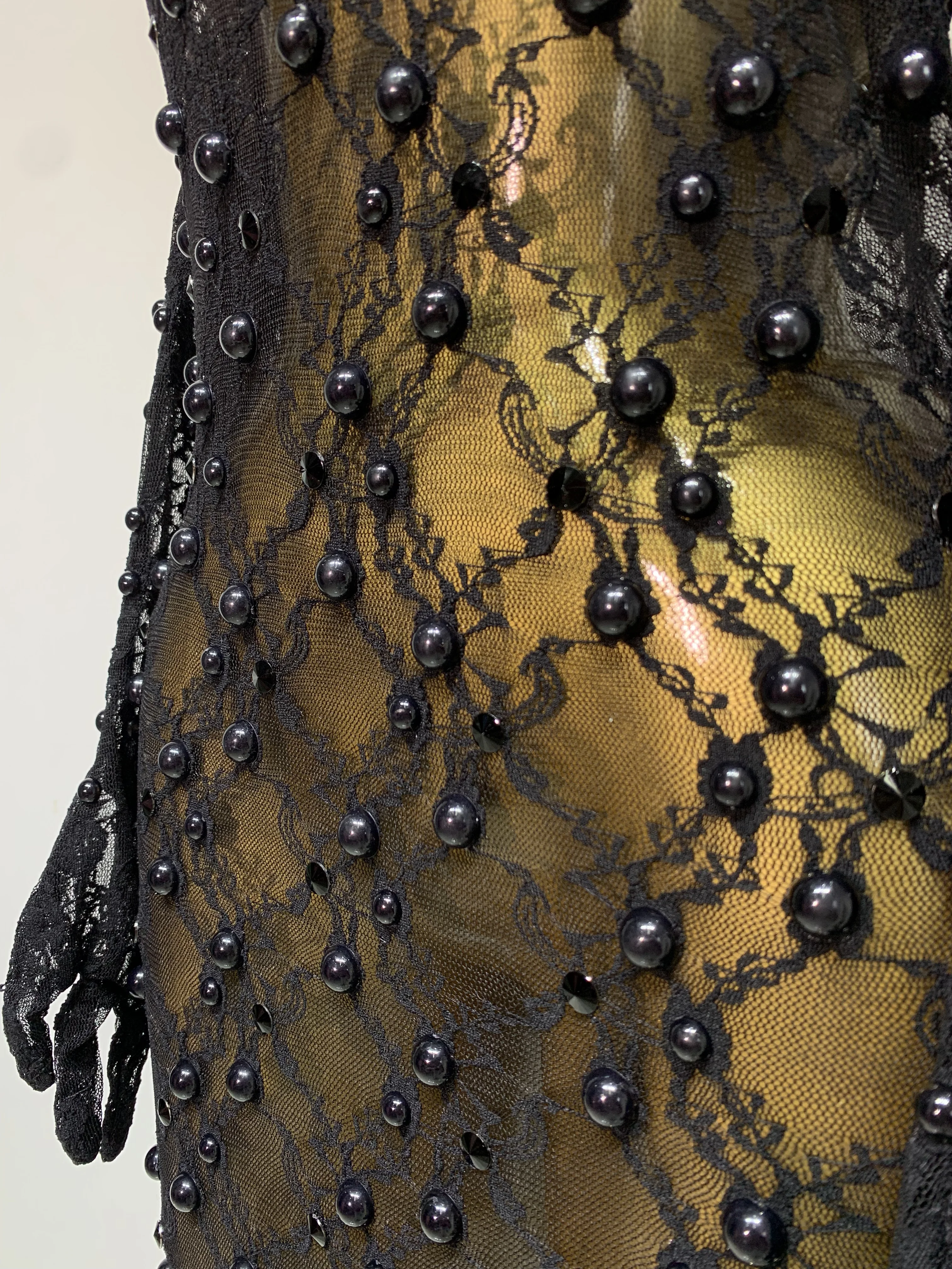 Women Luxury Black Pearls Lace Backless See Through Long Dress With Gloves Evening Club Party Celebrity Elegant Stage Costume