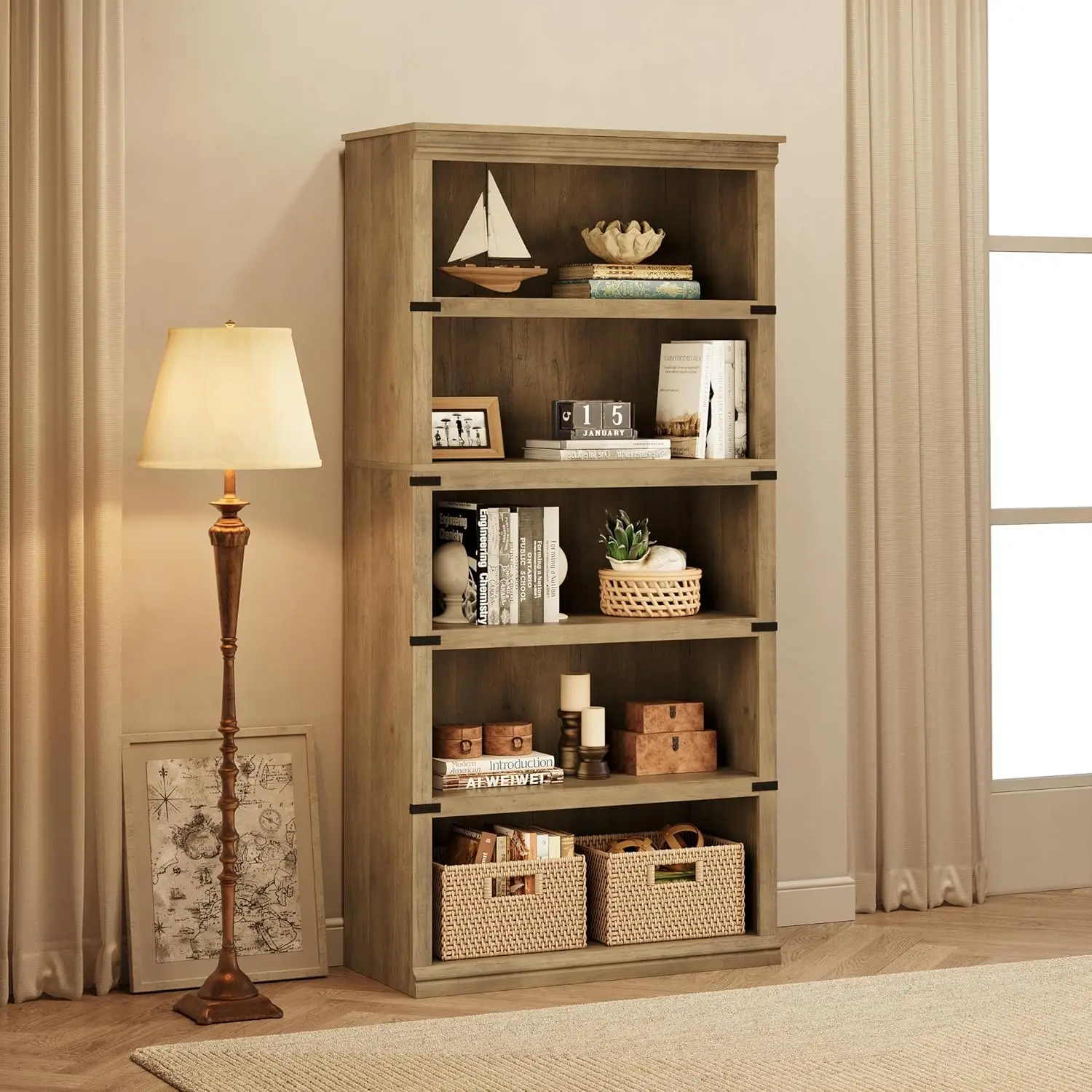 New 5 Tier Bookcase, Farmhouse Book Shelf with Storage, 71" Tall Book Case Wooden 5 Shelf Bookcase for Home Office, Living Room 3