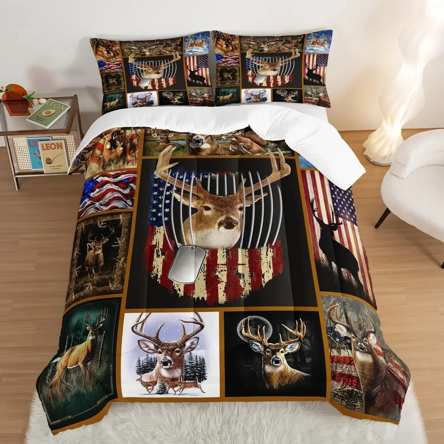 Wild Deer Comforter Sets for Kids Teens, American Flag Camo Bedding Sets Full Size Comforter Sets with 1 Comforter 2 Pillowcase 3