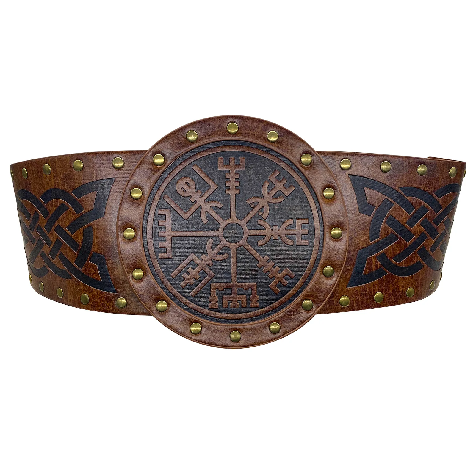 Nordic Viking Men's Compass Embossed Leather Belt European Medieval Retro Waist Cover Knight Style Belt