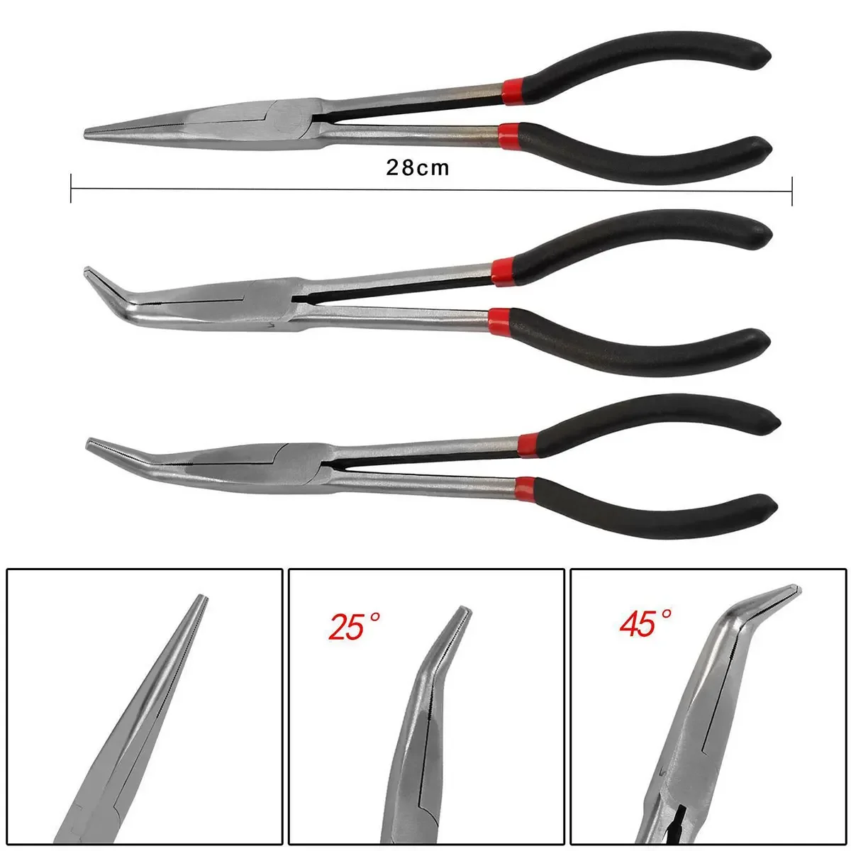 3/5Pcs Needle Nose Pliers Set 11 Inch Carbon Steel Long Reach Pliers 25/45/90 Degree Bent Nose Plier O-Shaped Circle Pliers 6