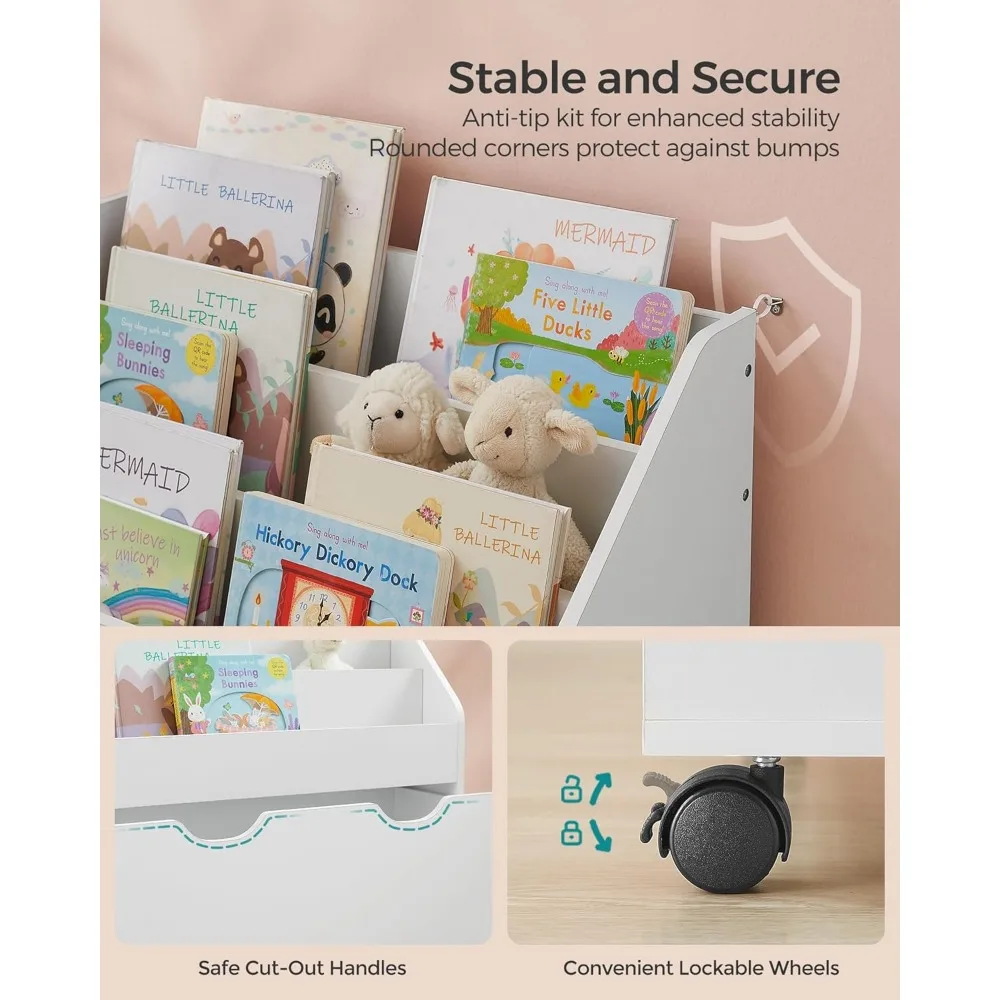Kids Bookshelf and Toy Organizer, Toy Storage Chest and Bookcase with 3 Shelves, Storage Box with Wheels, Multipurpose 5