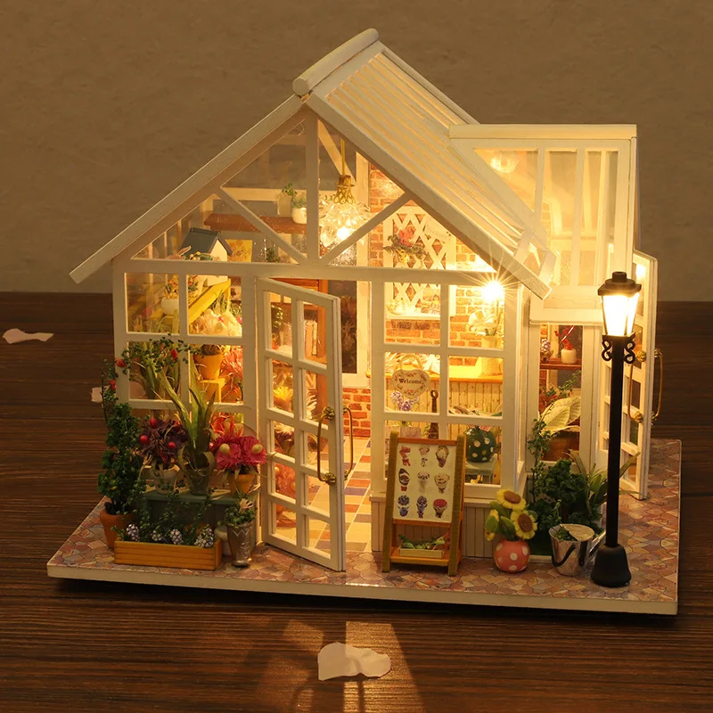 DIY Wooden Flower Garden Cottage Doll Houses Miniature Model Kit Casa Dollhouse with Furniture Lights for Friends Birthday Gifts 3