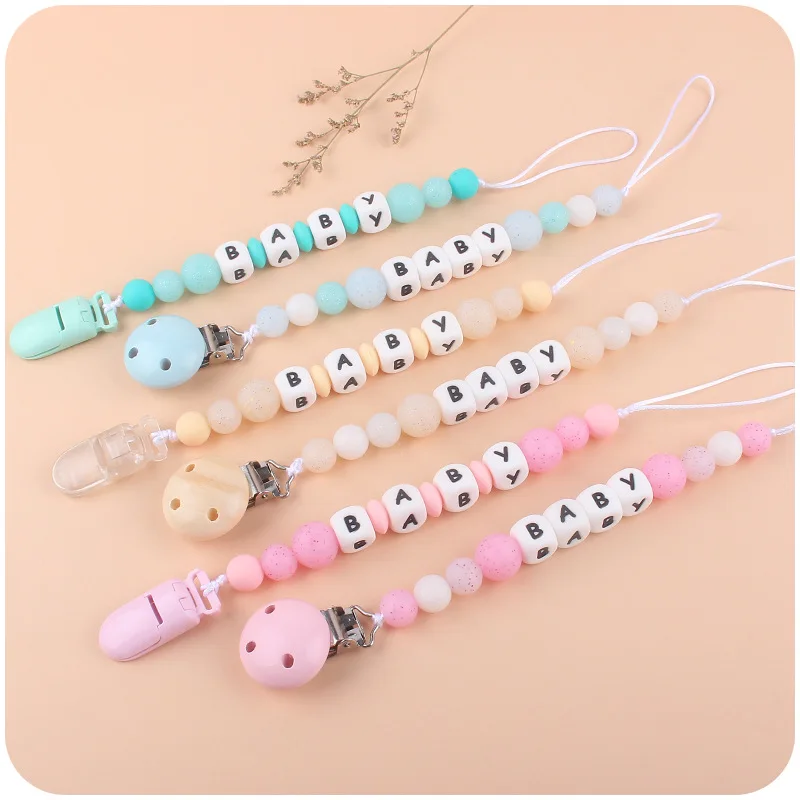 

Personalized Name DIY Baby Pacifier Clips Dummy Nipples Holder Clip Chain Macarone Silicone Beads Teething Toys Infant Feeding