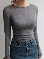 High Quality Plain T Shirt Women  Elastic Basic T-shirts Female Casual Tops Long Sleeve Sexy Thin T-shirt see through 1
