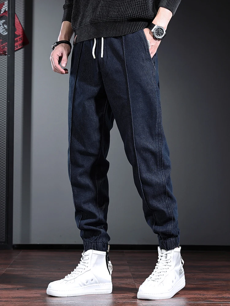 Autumn Blue Baggy Jeans Men Casual Elastic Waist Pencil Pants Streetwear Loose Drawstring Jogging Solid Denim Trousers