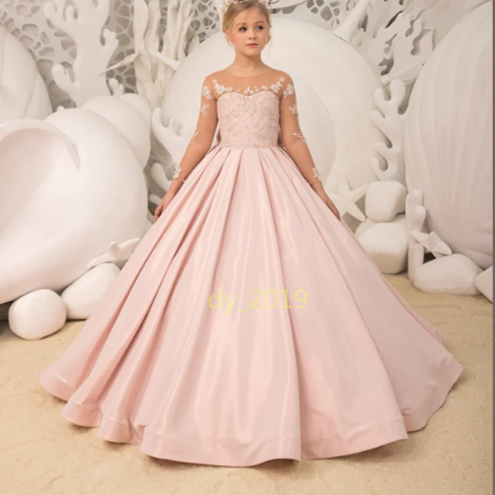 

Lovely Vintage Lace Flower Girls Dresses For Wedding Knot Bow Sequined Beaded Kids First Holy Communion Party Gown
