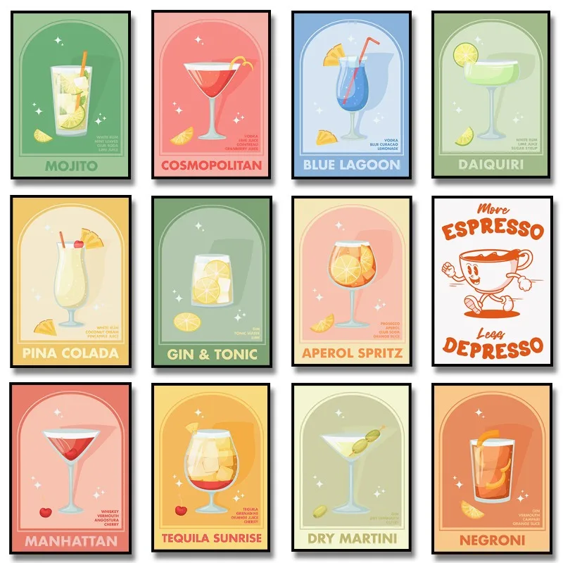 Cocktail Juice Aperol Spritz Poster And Print Drink Negri Martini Gin & Tonic Espresso Canvas Painting Kitchen Home Decor