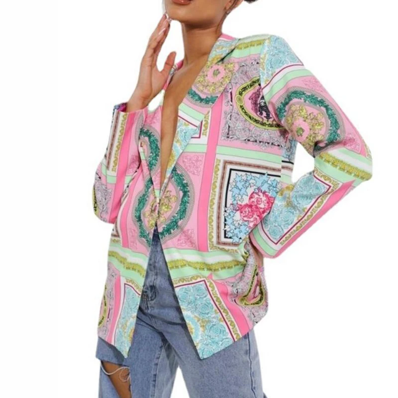 

American Stylish Irregular Print Blazer Women Jacket High Street 2022 New Fashion Elegant Lady Coat Pink Blazer Tops