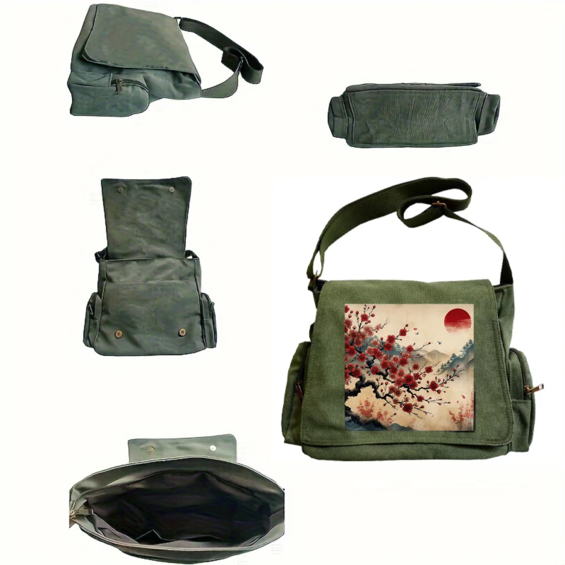 Vintage Women's Shoulder Crossbody Bag Men's Messenger Bag Large Capacity Cherry Blossom Laptop Bag