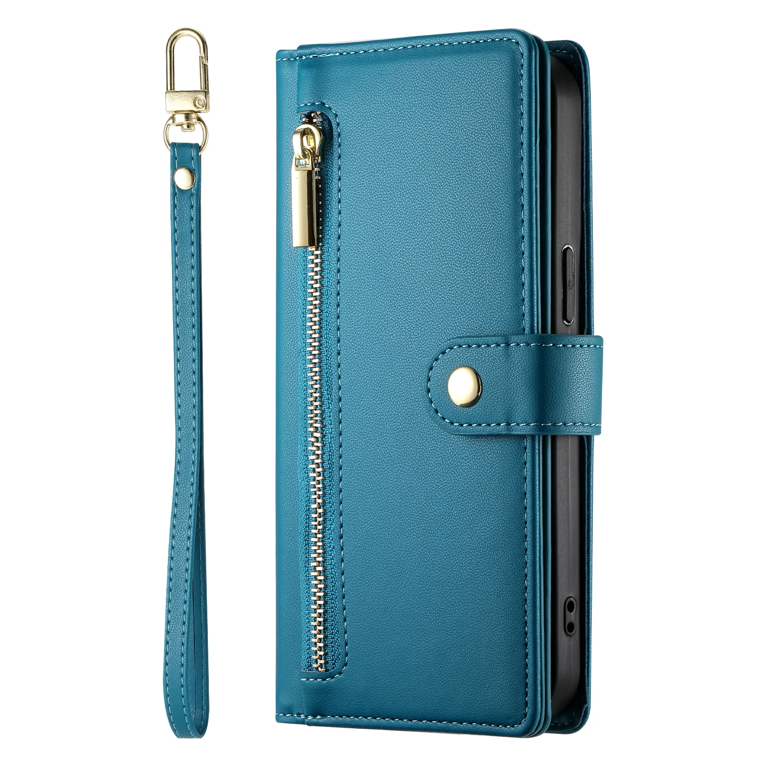 Étui portefeuille en cuir à fermeture éclair pour iPhone 15 Pro Max 16 14 Plus 13 12 11 SE4 XS MAX avec lanière et poche pour cartes_voghion.com