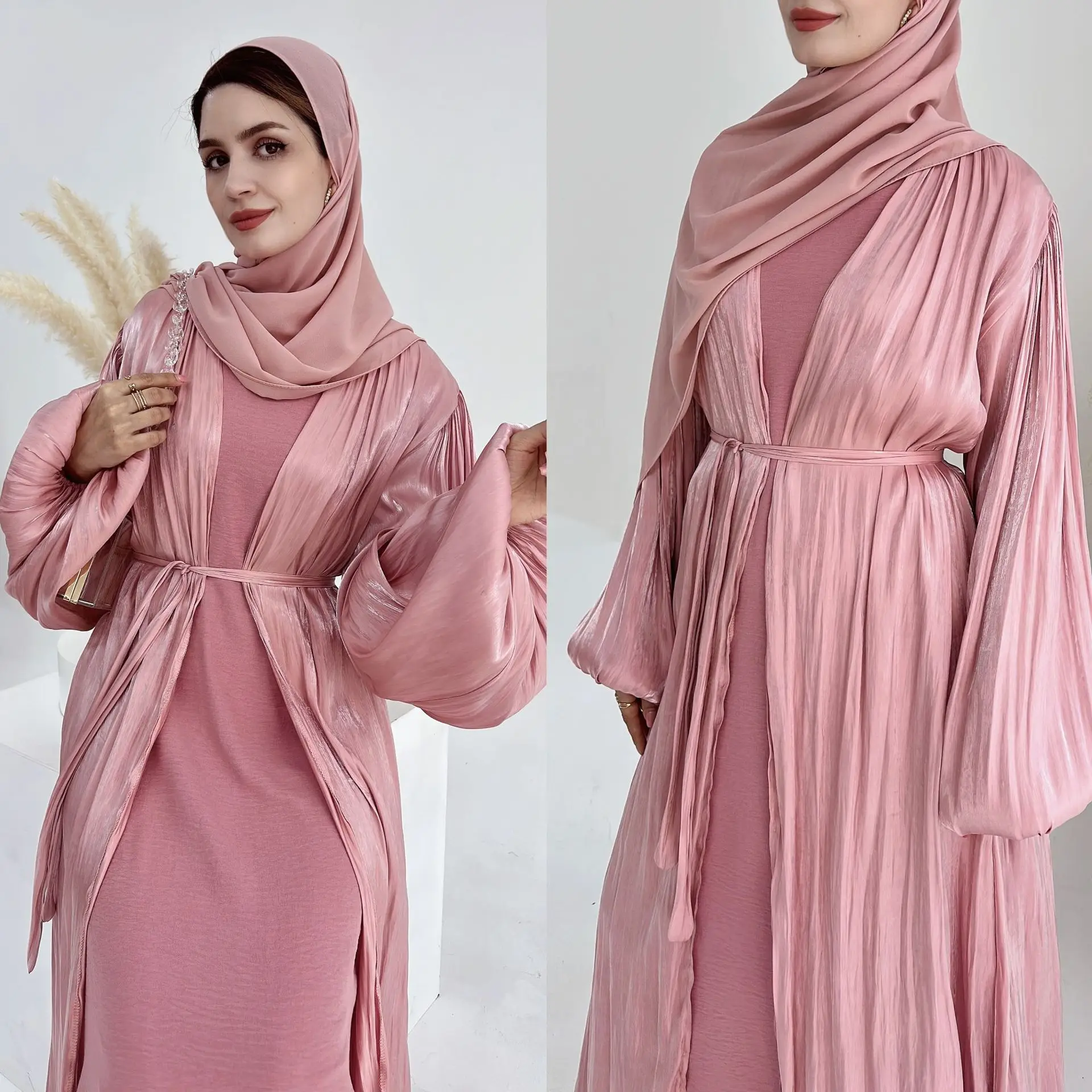 

Лето Eid Djellaba Abaya Дубай блестящее мягкое мусульманское платье с манжетами однотонное кимоно искусственное мусульманское платье мусульманская абайя с поясом