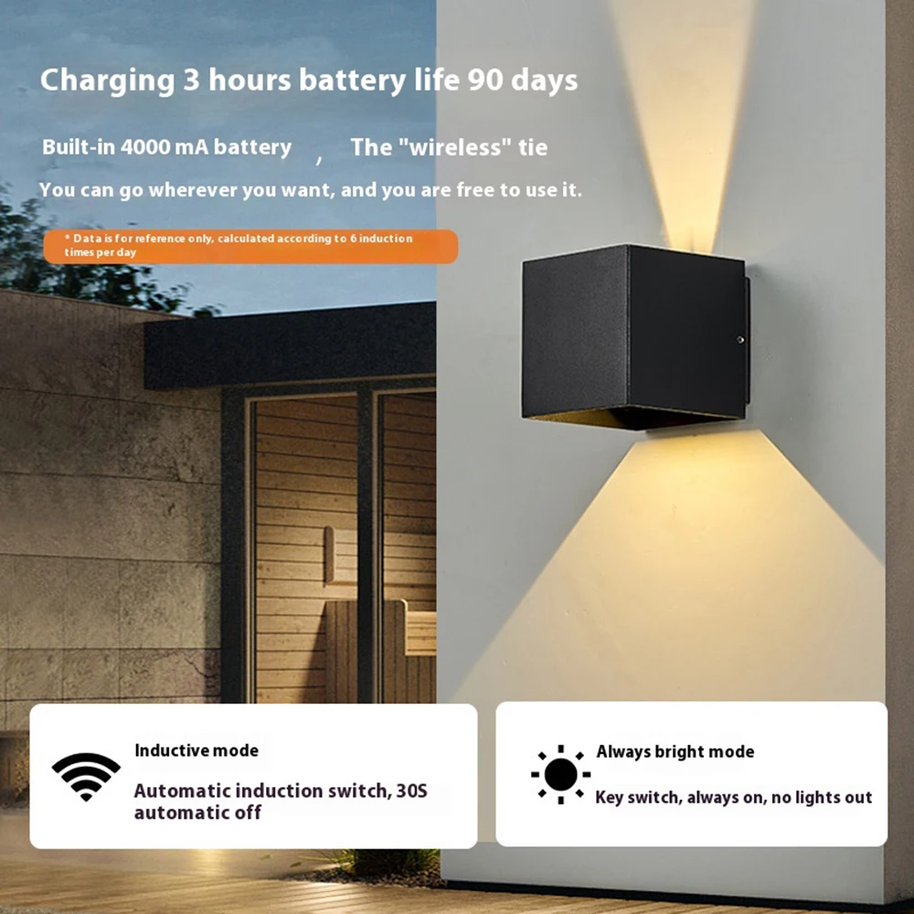 4000mAh Modern Simplicity LED Wall Lamp Mount Lamp Up Down Cube Outdoor Fixtures Decor Indoor Bedroom Rechargeable Sensor Light