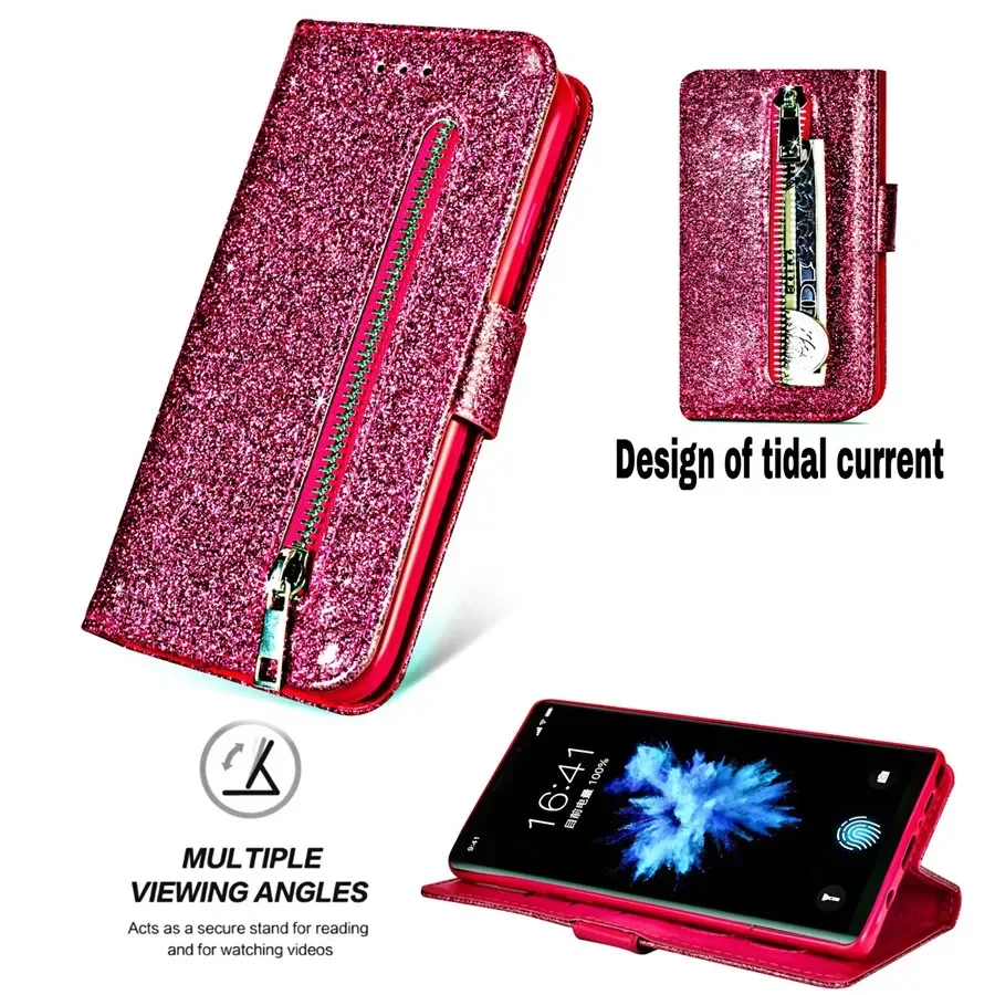 Bling Glitter Magnetic Flip Zipper Leather Wallet Case