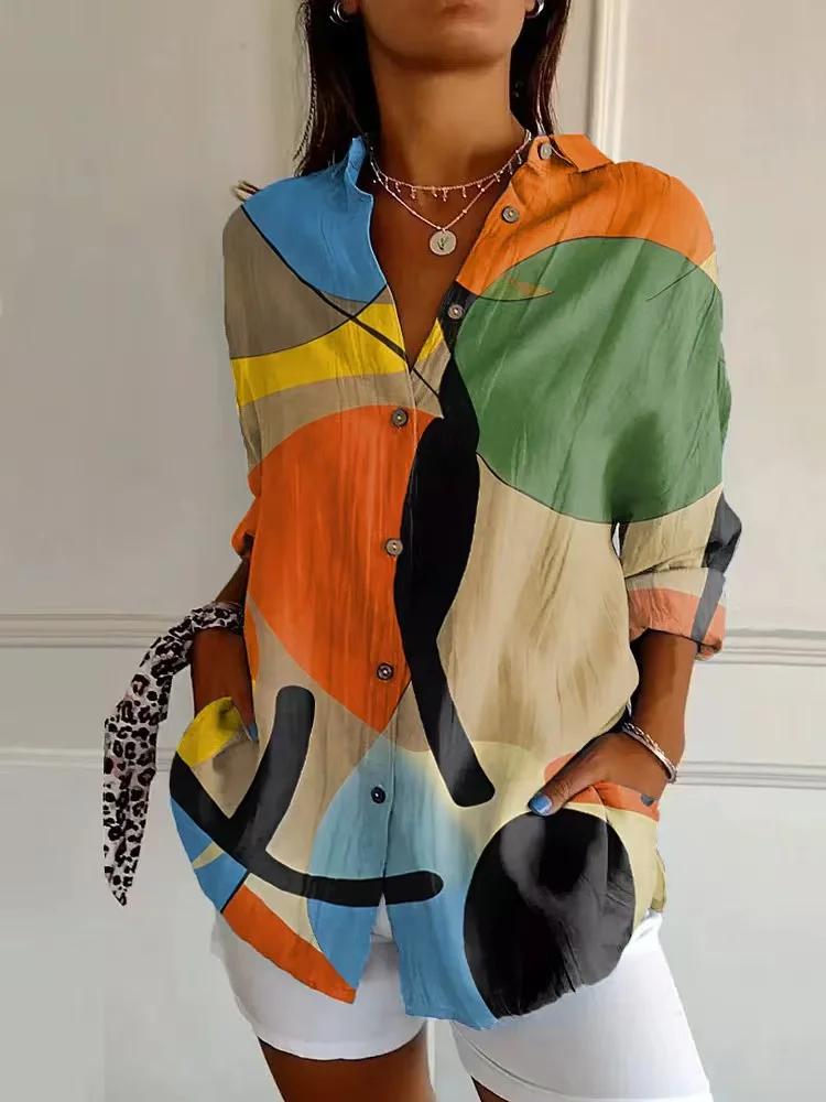 Nuova camicia primaverile e autunnale da donna con risvolto stampato camicia da donna con bevande camicia retrò camicia con bottoni larghi top alla moda 6