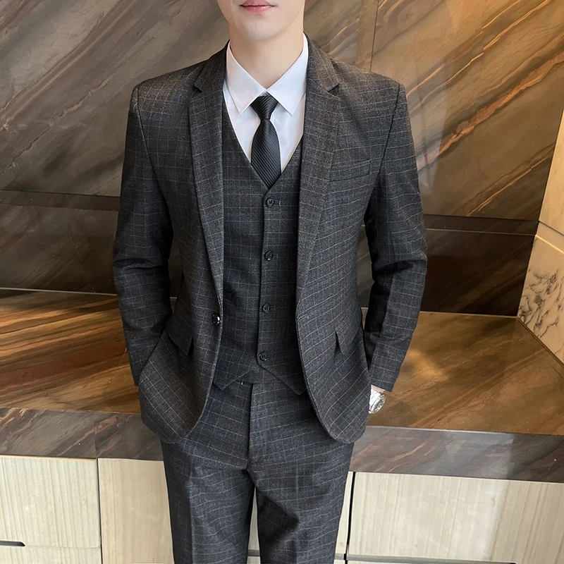 

High quality (suit + vest + trousers) Korean version trendy fashion slim dress party business formal gentleman three-piece suit